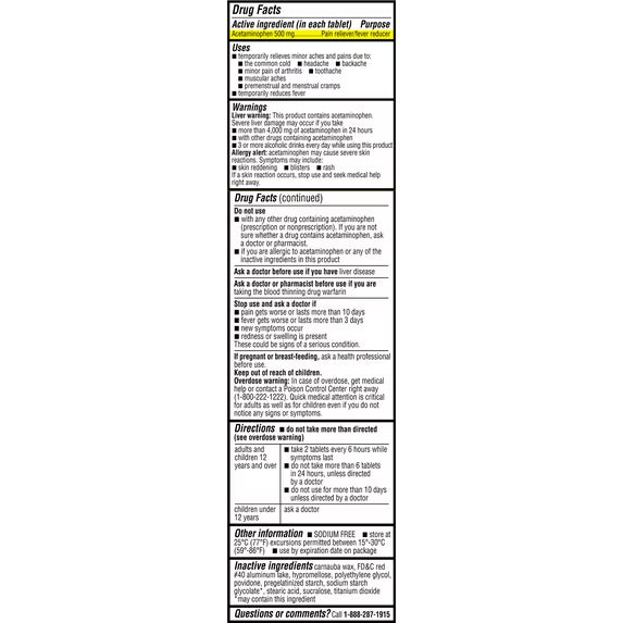 Acetaminofen 500 Mg 100 Tabletas